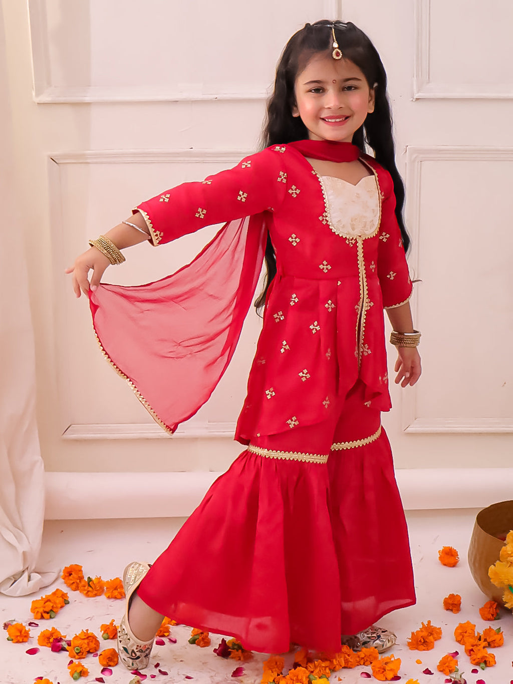 Girls Chinon Embroidery Kurti Sharara Set in Red & White - Chinon Sharara with Dupatta - back view