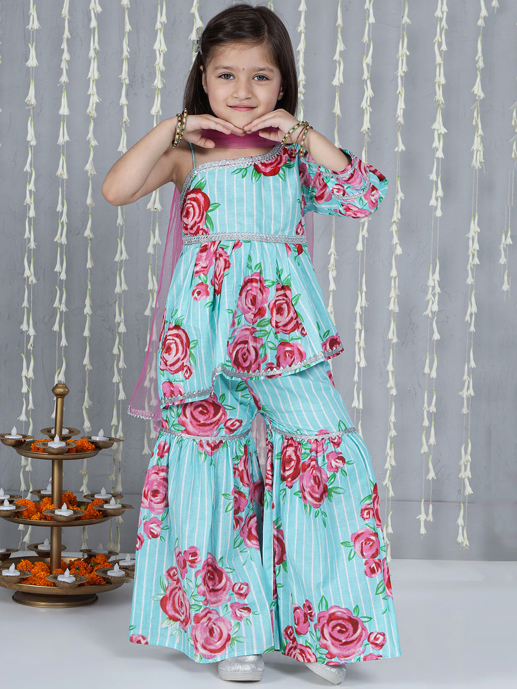 Girls Guldasta Kurti Sharara Set in Turquoise & Pink - Cotton Sharara with Dupatta for kids - front view