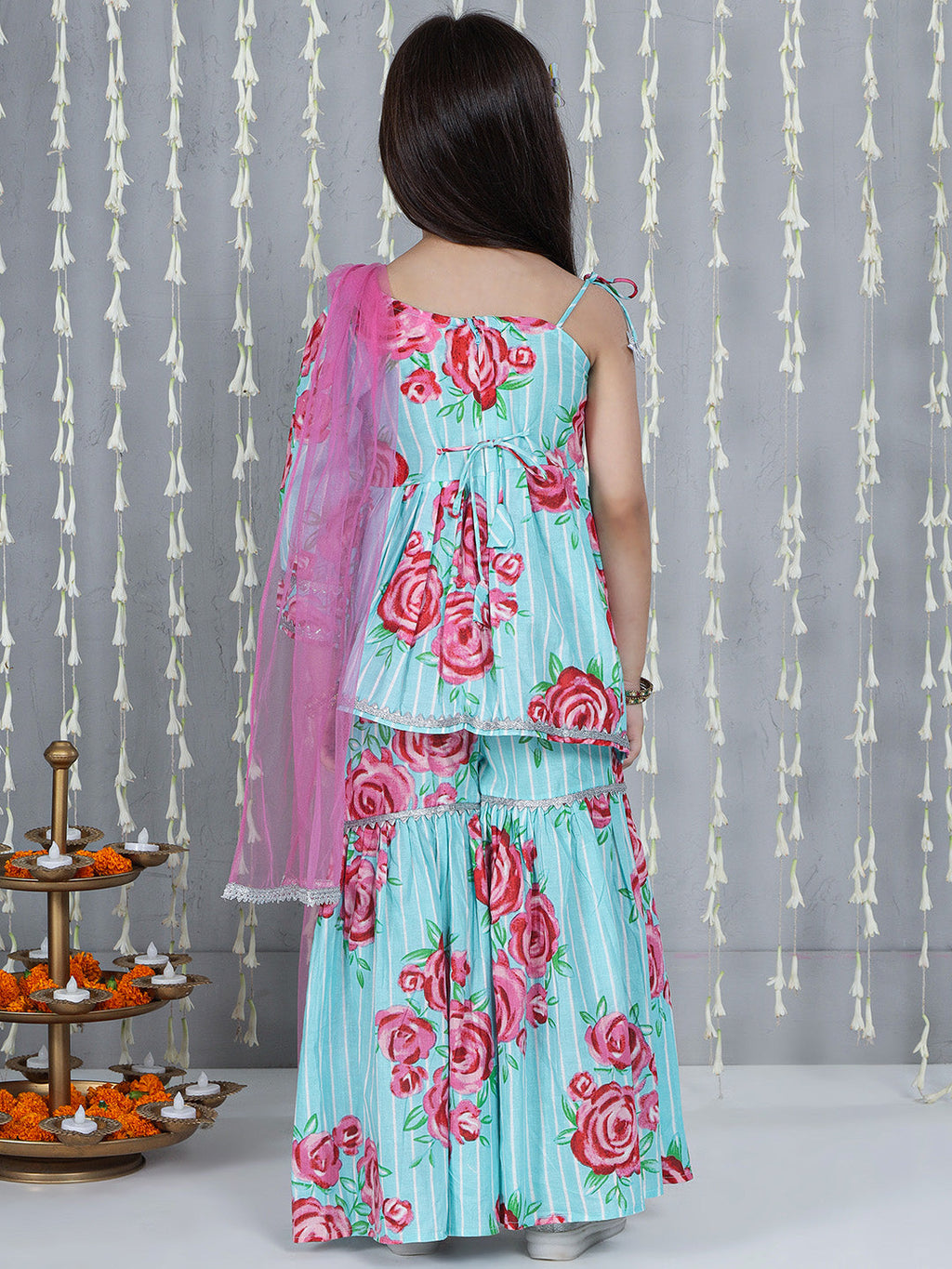 Girls Guldasta Kurti Sharara Set in Turquoise & Pink - Cotton Sharara with Dupatta - side view