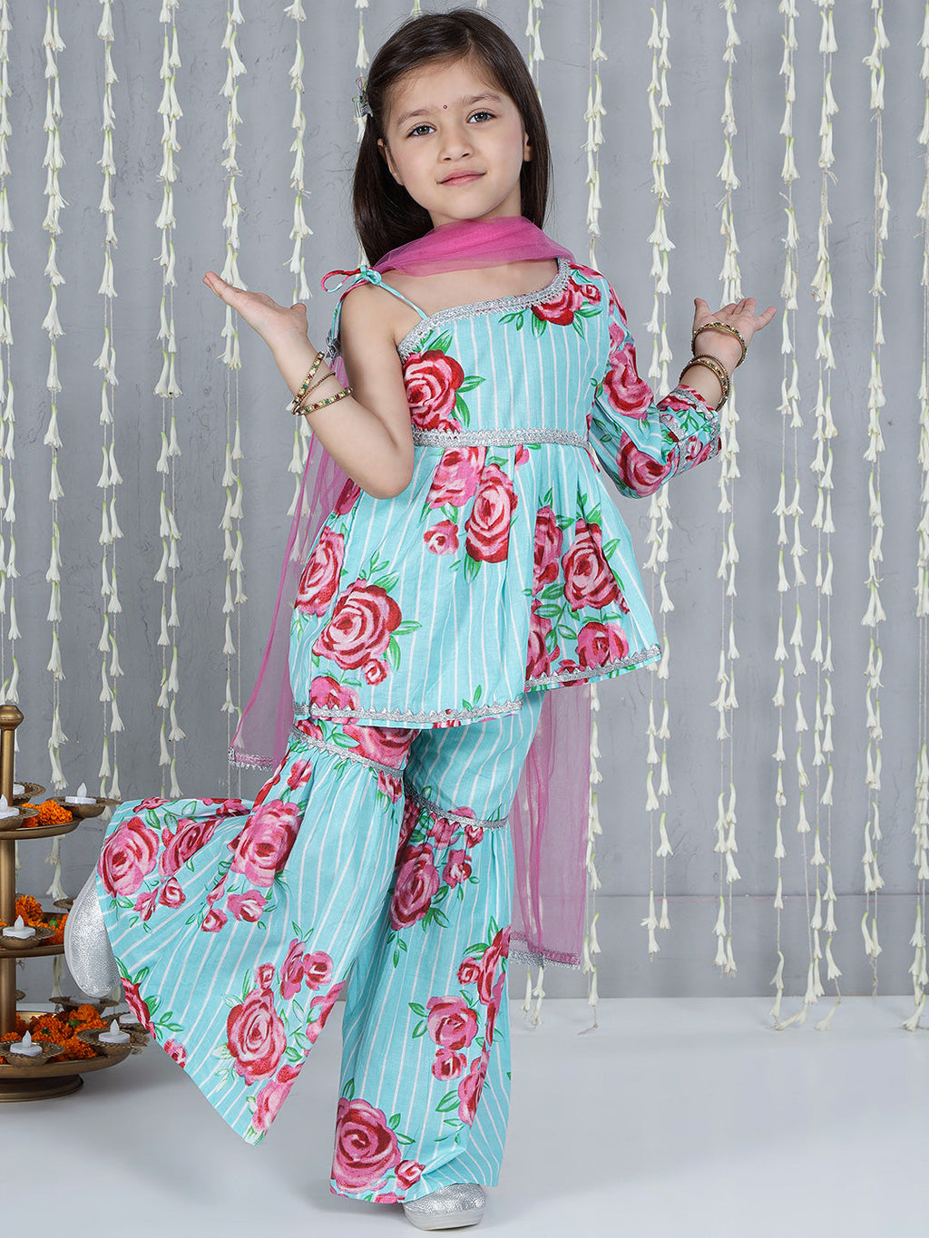 Girls Guldasta Kurti Sharara Set in Turquoise & Pink - Cotton Sharara with Dupatta - back view