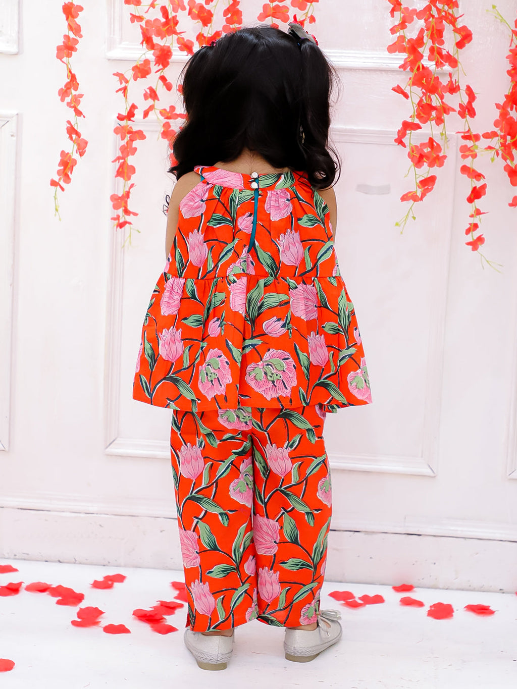 Girls Pink Bow Co-Ord Set in Orange & Pink - Cotton Co-ord Set - side view