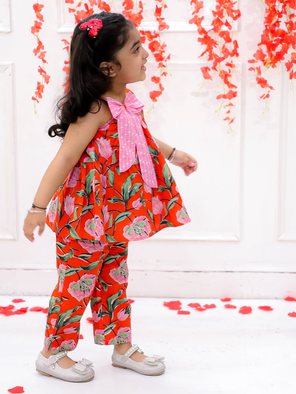 Girls Pink Bow Co-Ord Set in Orange & Pink - Cotton Co-ord Set - back view