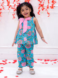 Girls Pink Bow Co-Ord Set in Turquoise & Pink - Cotton Co-ord Set for kids - front view