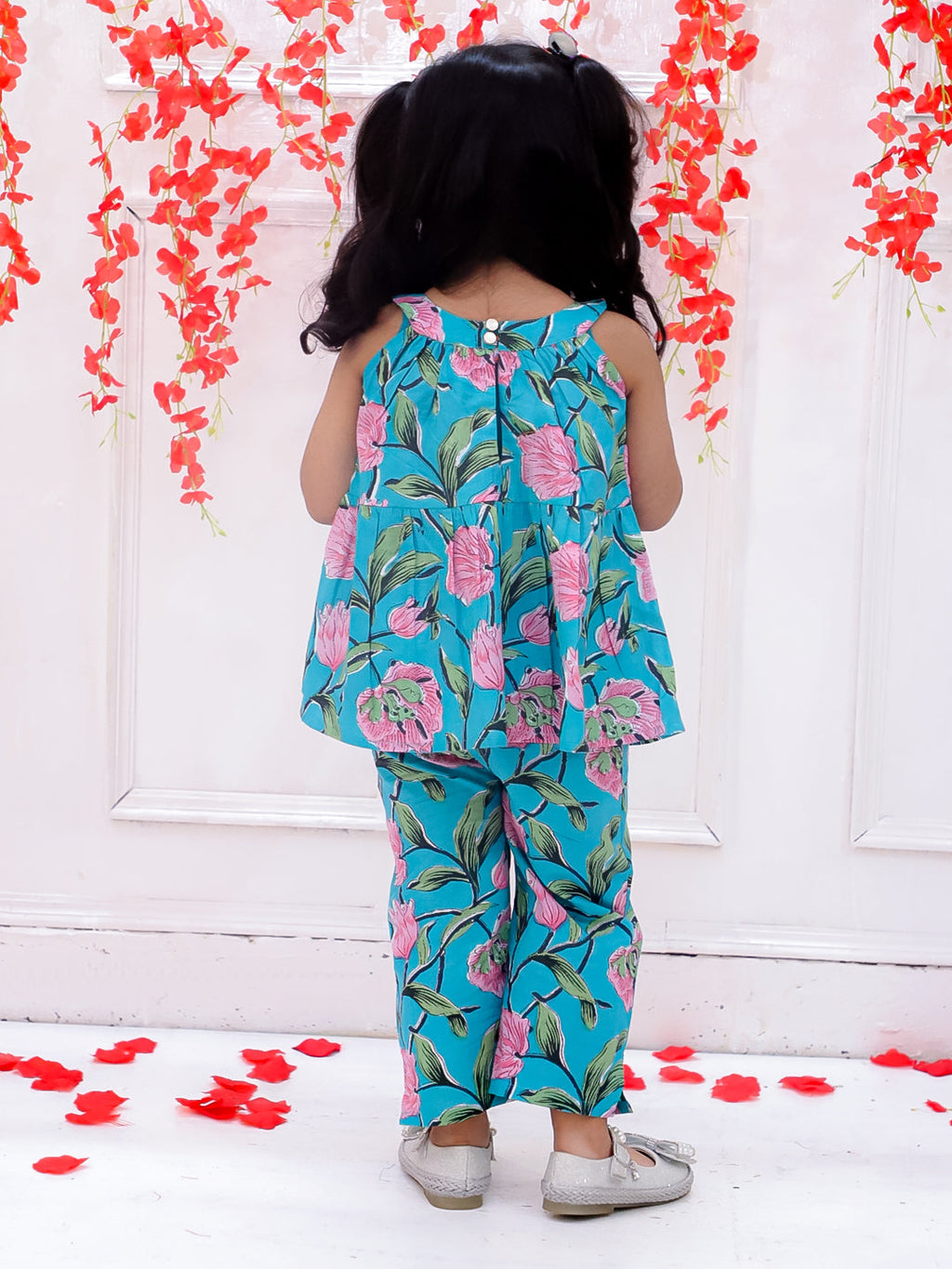 Girls Pink Bow Co-Ord Set in Turquoise & Pink - Cotton Co-ord Set - side view