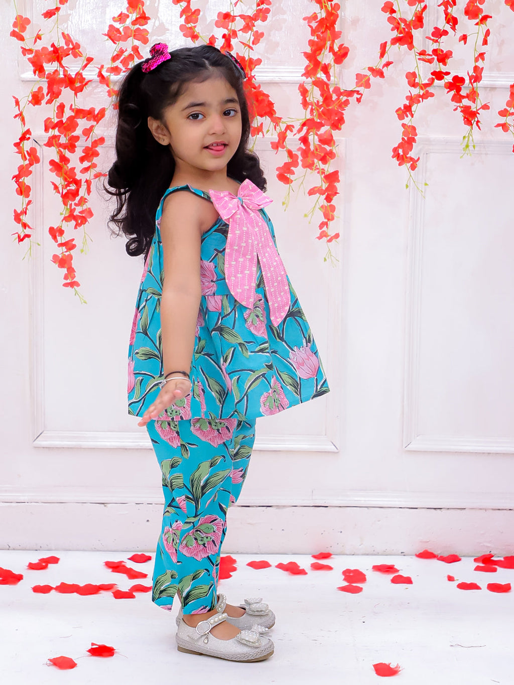 Girls Pink Bow Co-Ord Set in Turquoise & Pink - Cotton Co-ord Set - back view