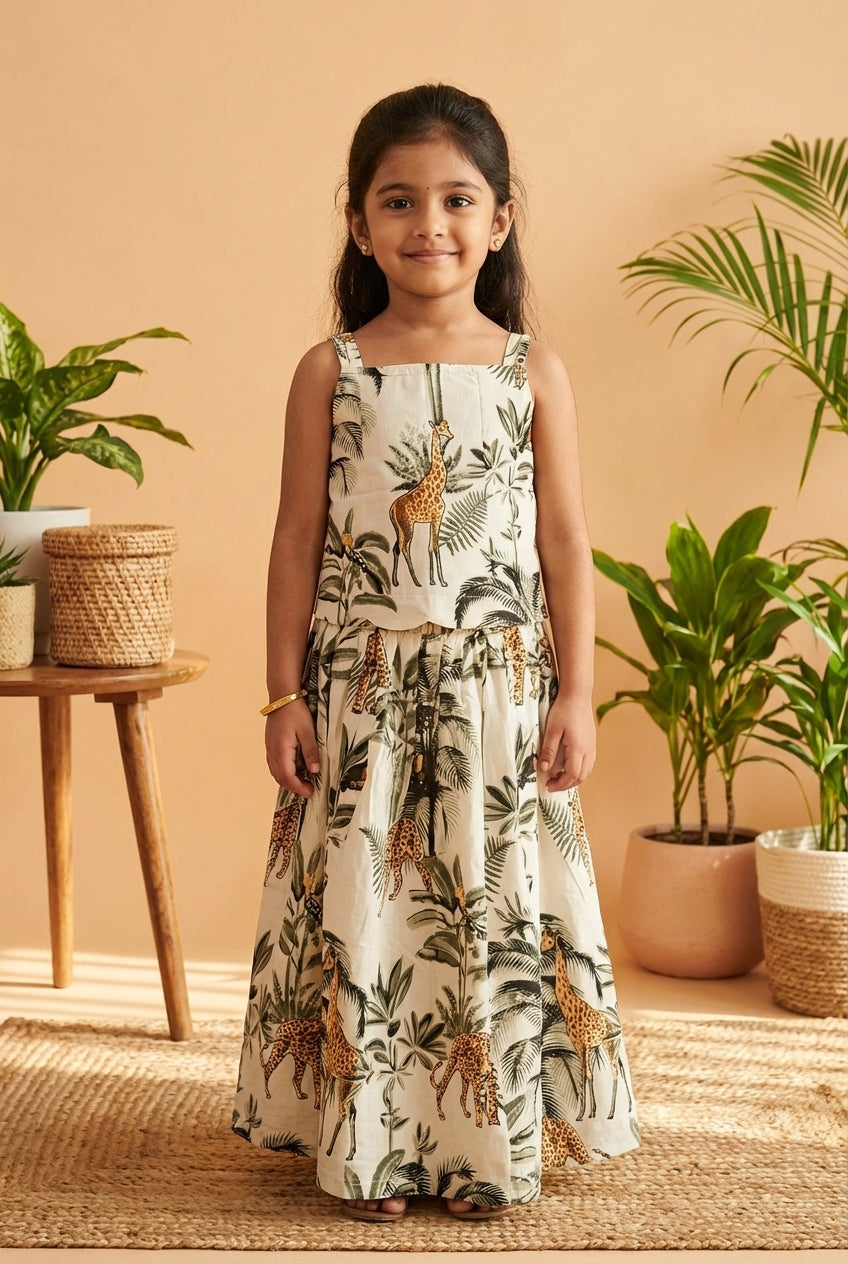Tropical Safari Printed Top Skirt Set Beige