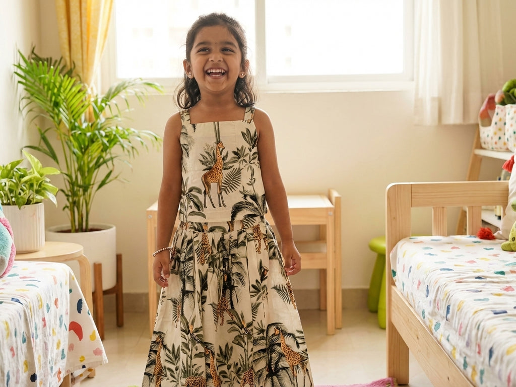Tropical Safari Printed Top Skirt Set Beige