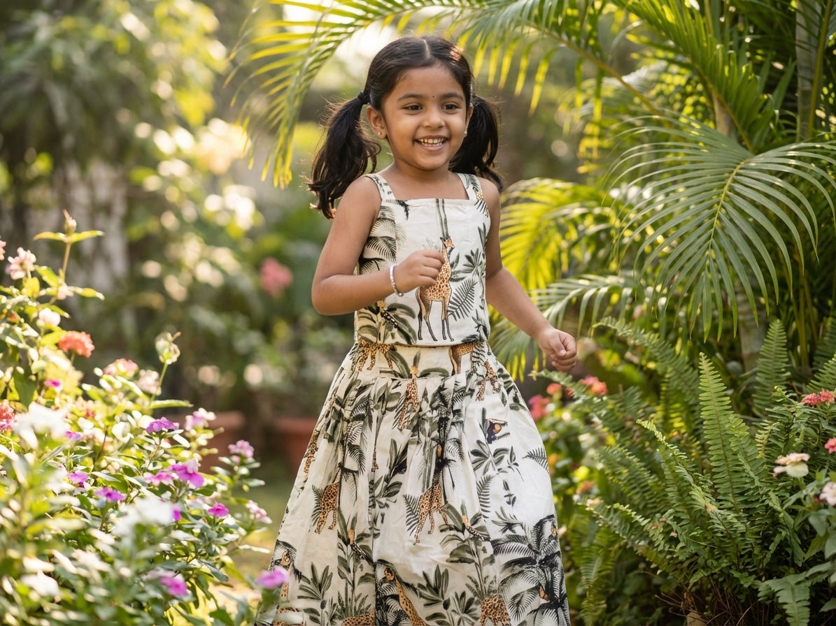 Tropical Safari Printed Top Skirt Set Beige