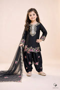 Girls Embroidered Kurta Salwar Set Black - front view