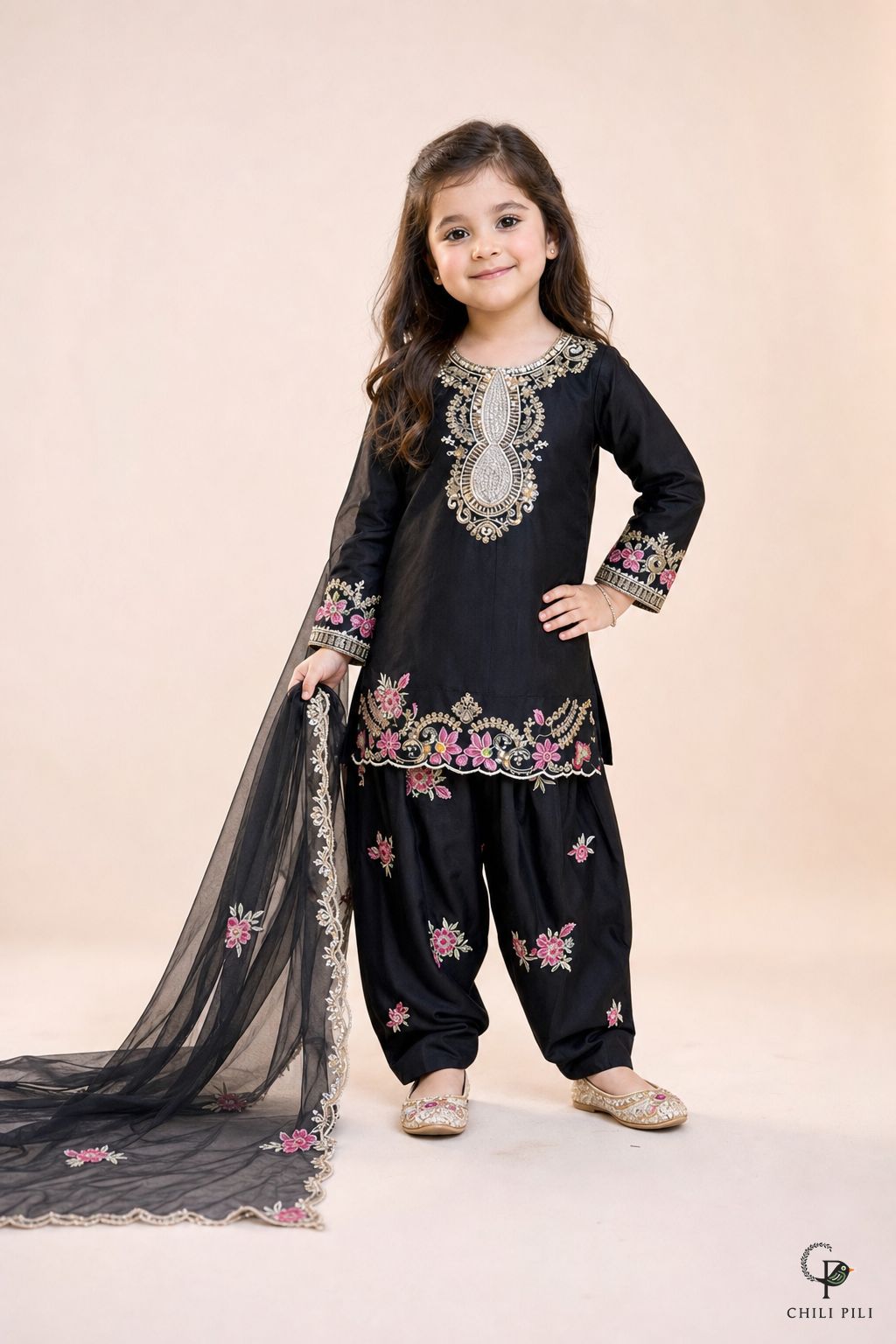 Girls Embroidered Kurta Salwar Set Black - front view