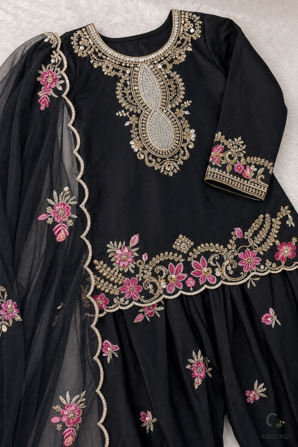 Girls Embroidered Kurta Salwar Set Black - close-up detail of top