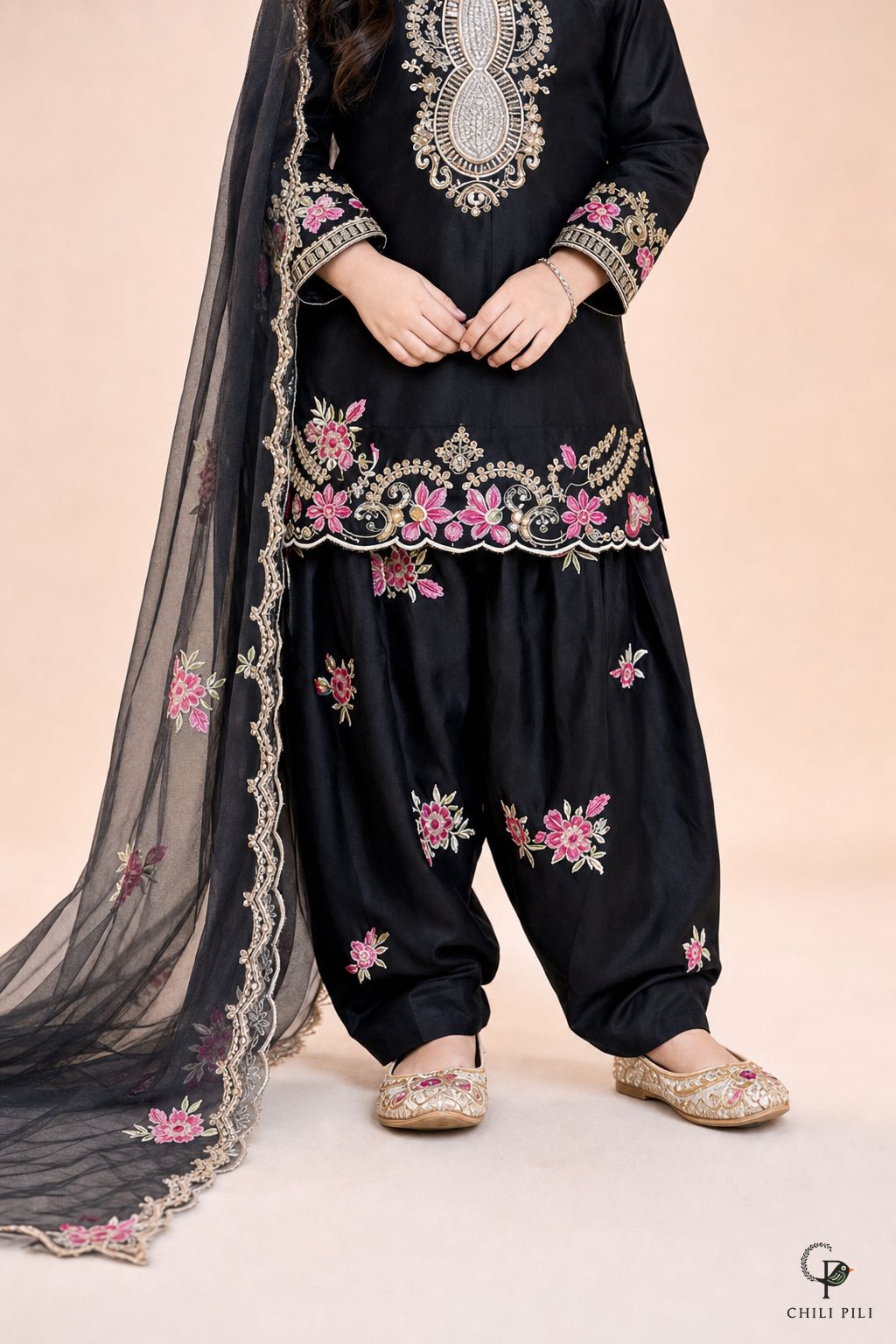Girls Embroidered Kurta Salwar Set Black - close-up detail of bottom