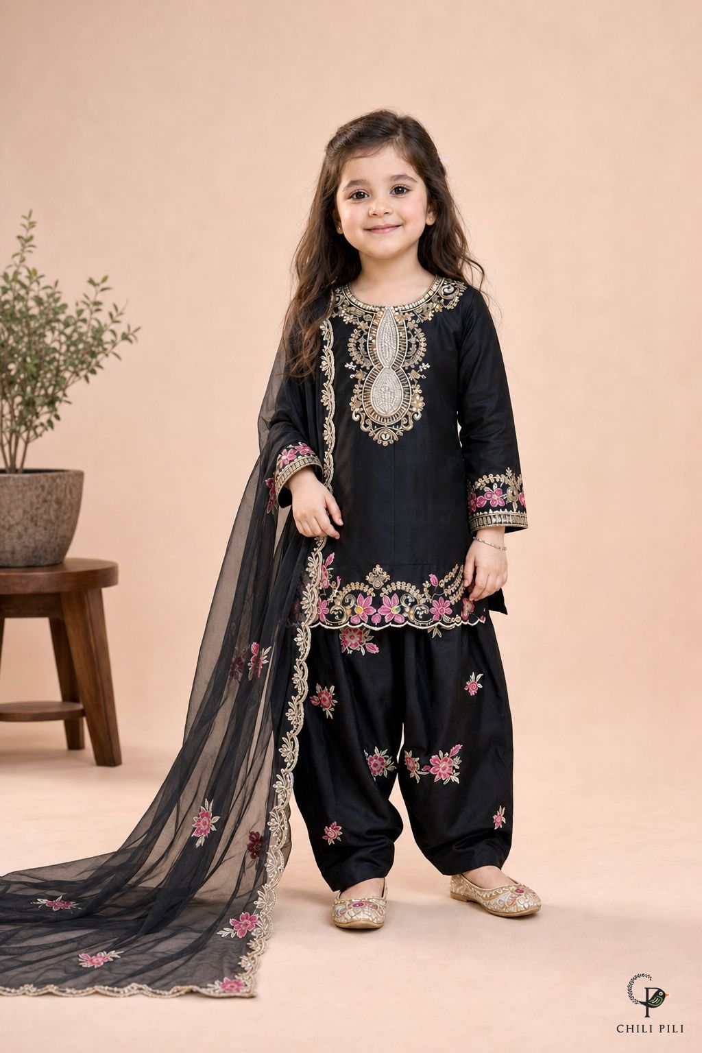 Girls Embroidered Kurta Salwar Set Black - festive lifestyle shot