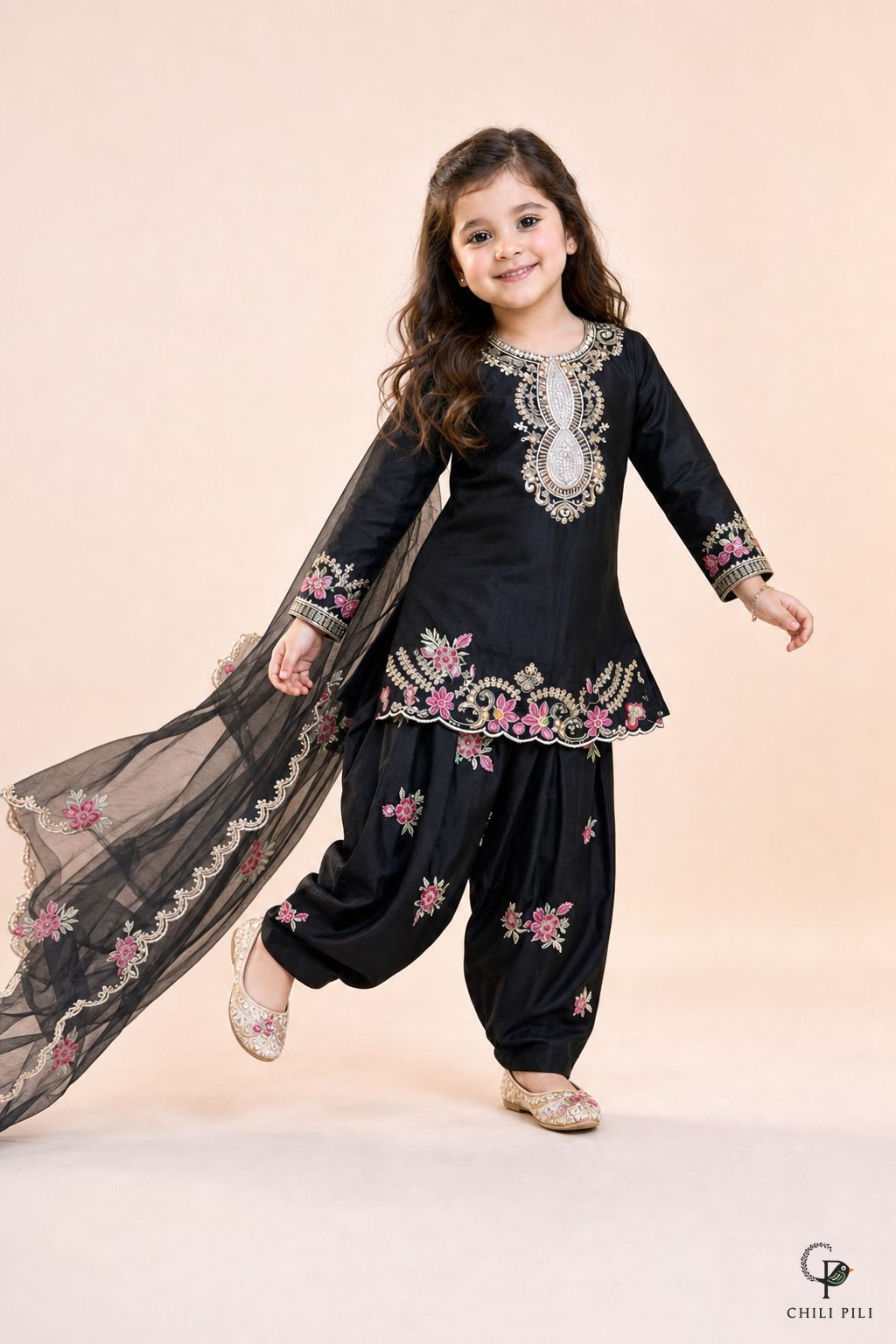 Girls Embroidered Kurta Salwar Set Black - lifestyle movement shot