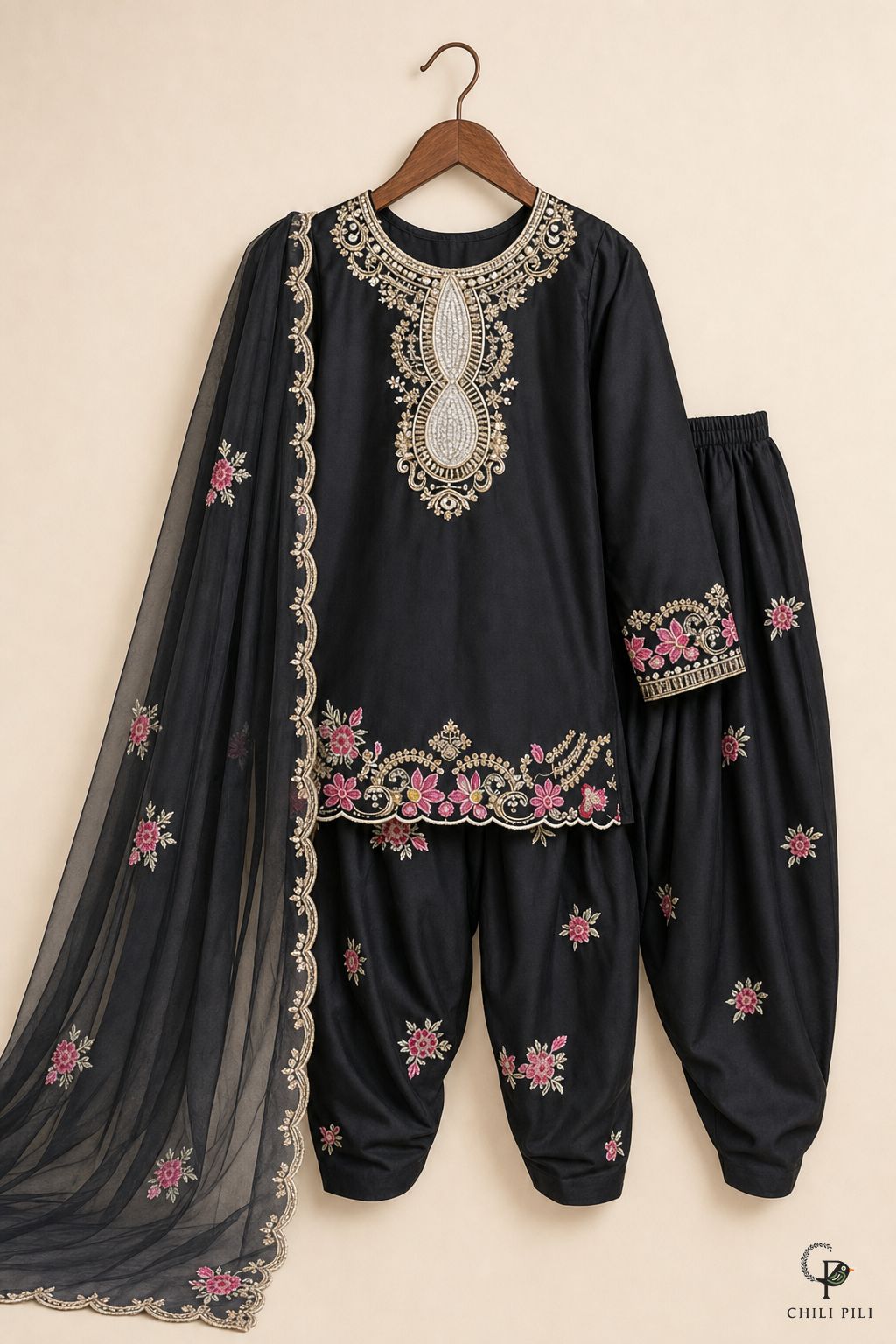 Girls Embroidered Kurta Salwar Set Black - full set on hanger