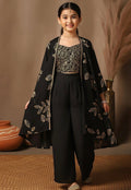 Girls Leaf Printed Jacket Palazzo Set Black - front view