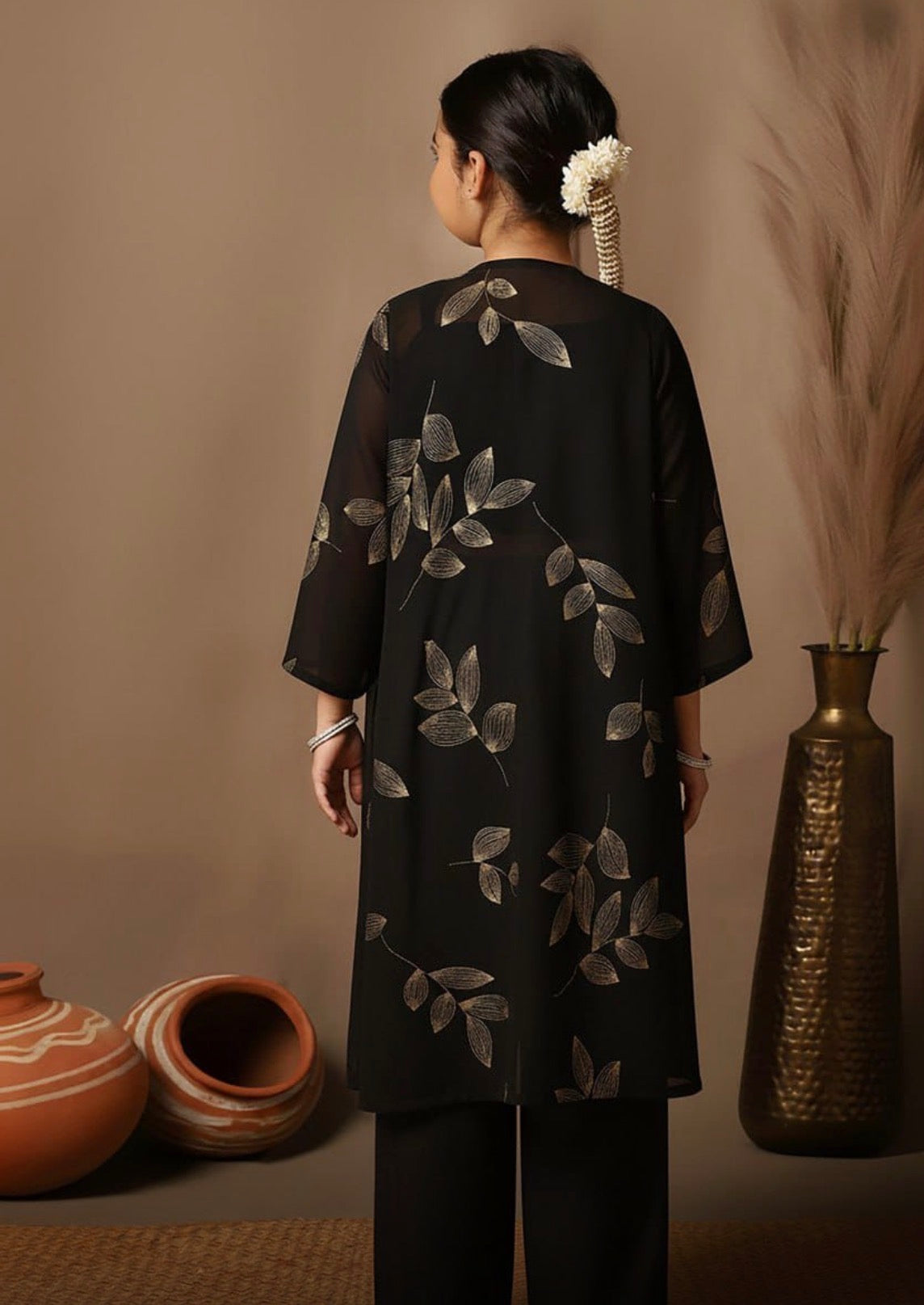Girls Leaf Printed Jacket Palazzo Set Black - back view