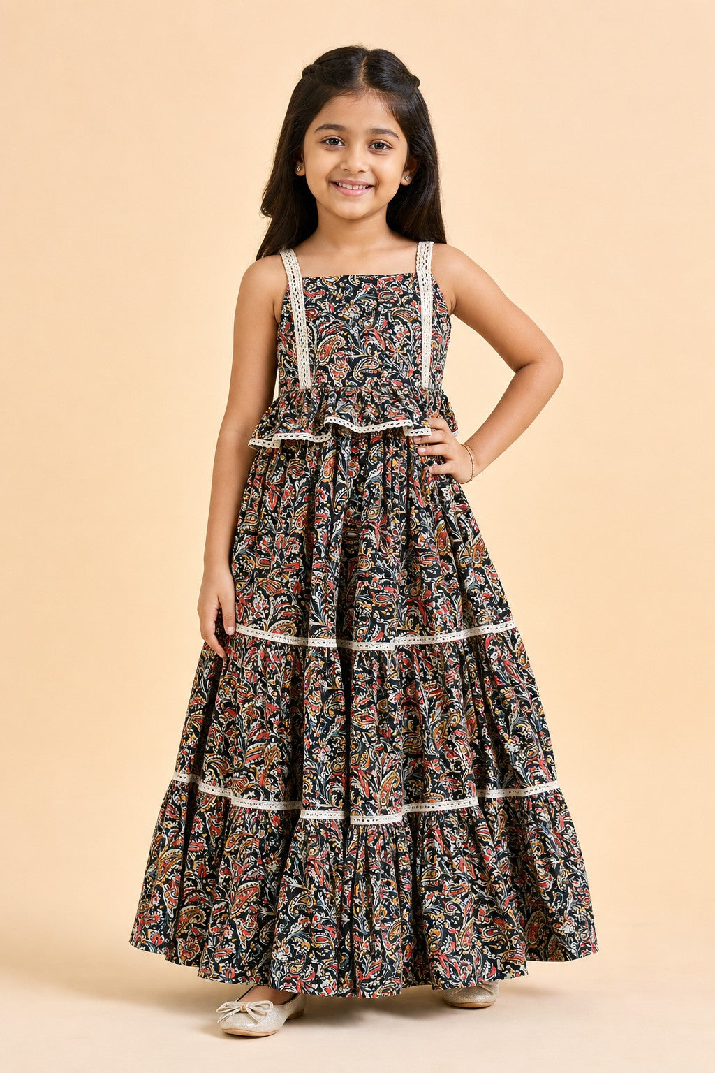 Girls Paisley Print Lehenga Set Black - front view