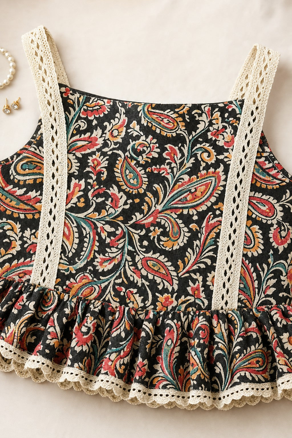Girls Paisley Print Lehenga Set Black - close-up detail of paisley top