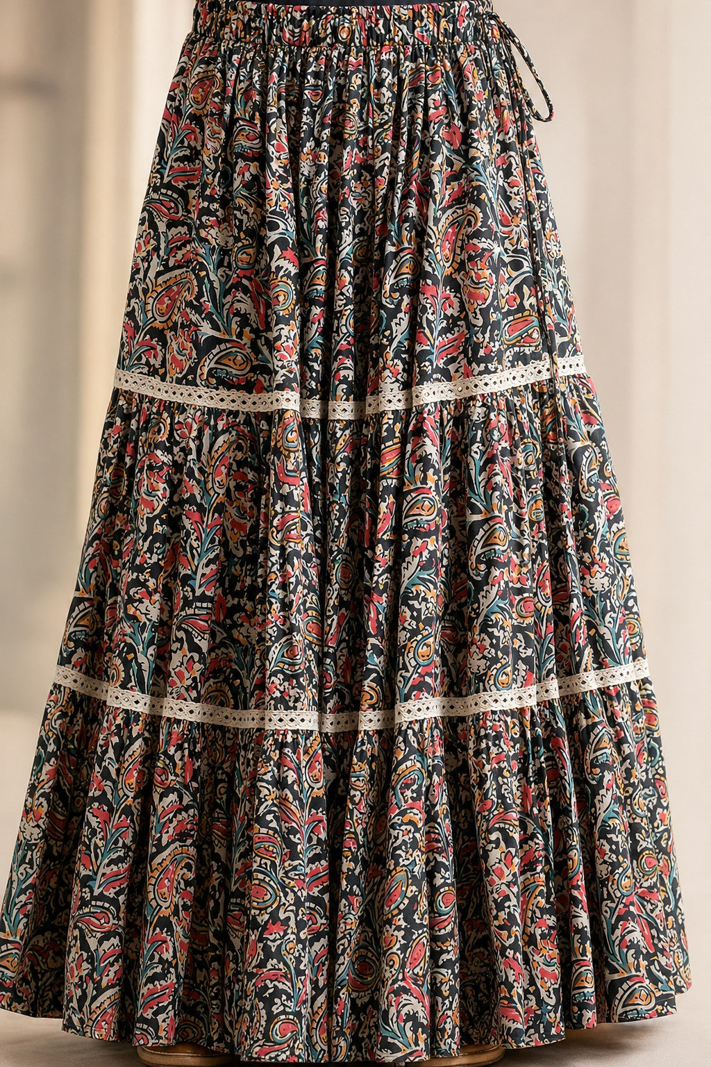 Girls Paisley Print Lehenga Set Black - close-up detail of tiered lehenga