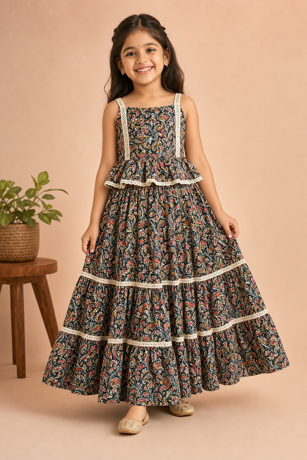 Girls Paisley Print Lehenga Set Black - festive lifestyle shot