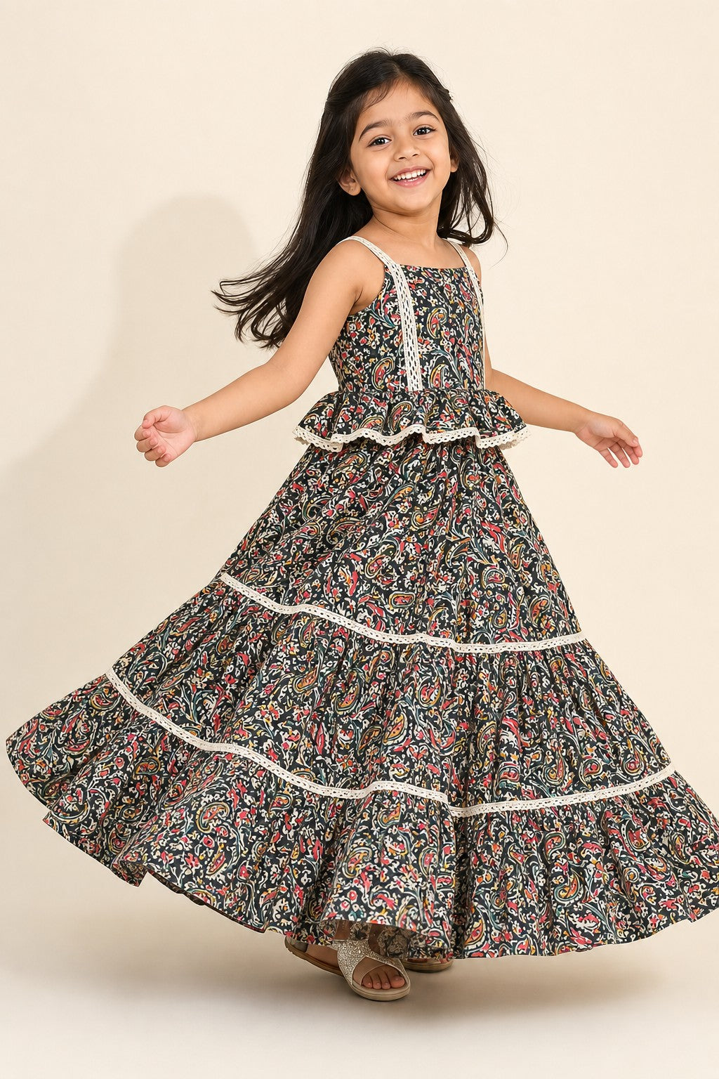 Girls Paisley Print Lehenga Set Black - twirl lifestyle shot
