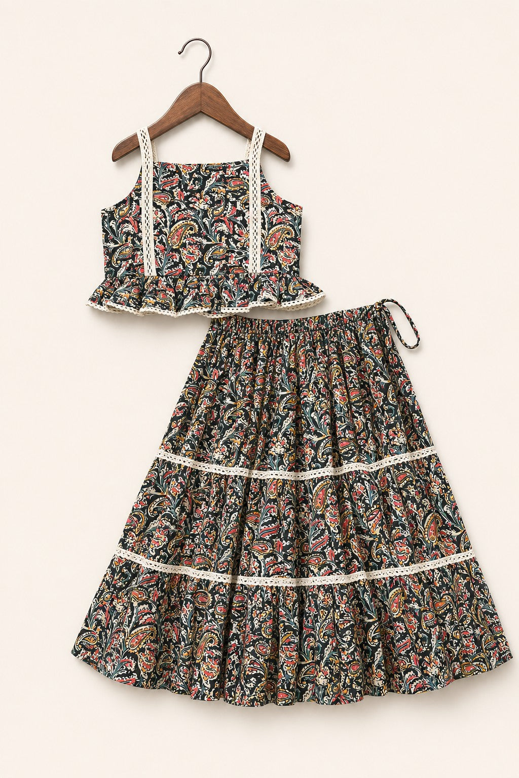 Girls Paisley Print Lehenga Set Black - hanger flat product shot