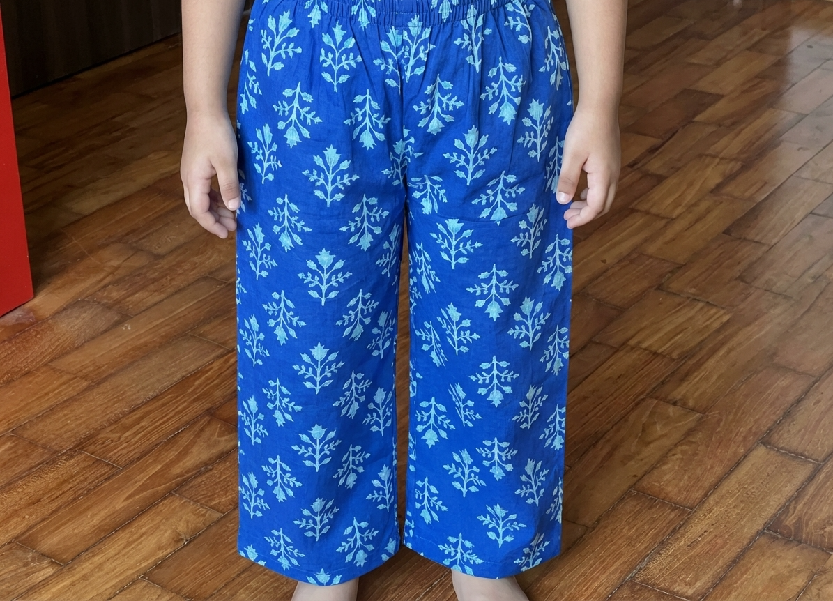 Girls Buti Printed Co-ord Set Blue - close-up detail of palazzo pants