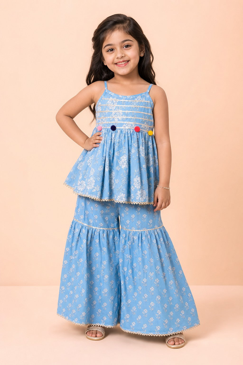 Girls Floral Print Kurti Sharara Set Blue - front view