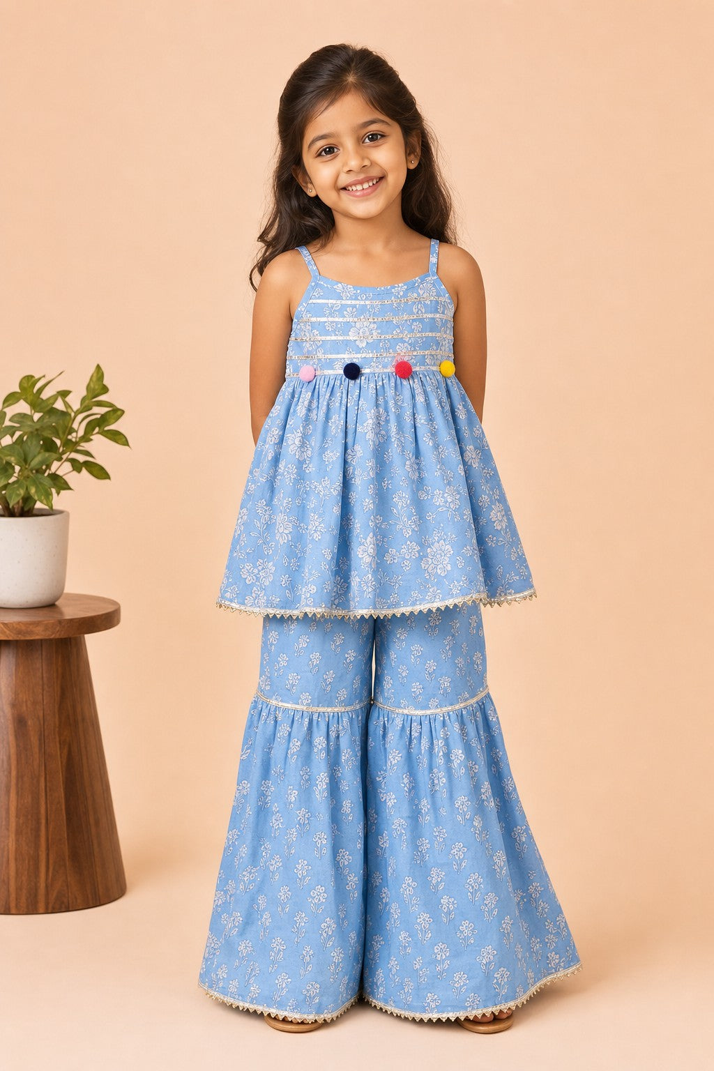 Girls Floral Print Kurti Sharara Set Blue - festive lifestyle shot