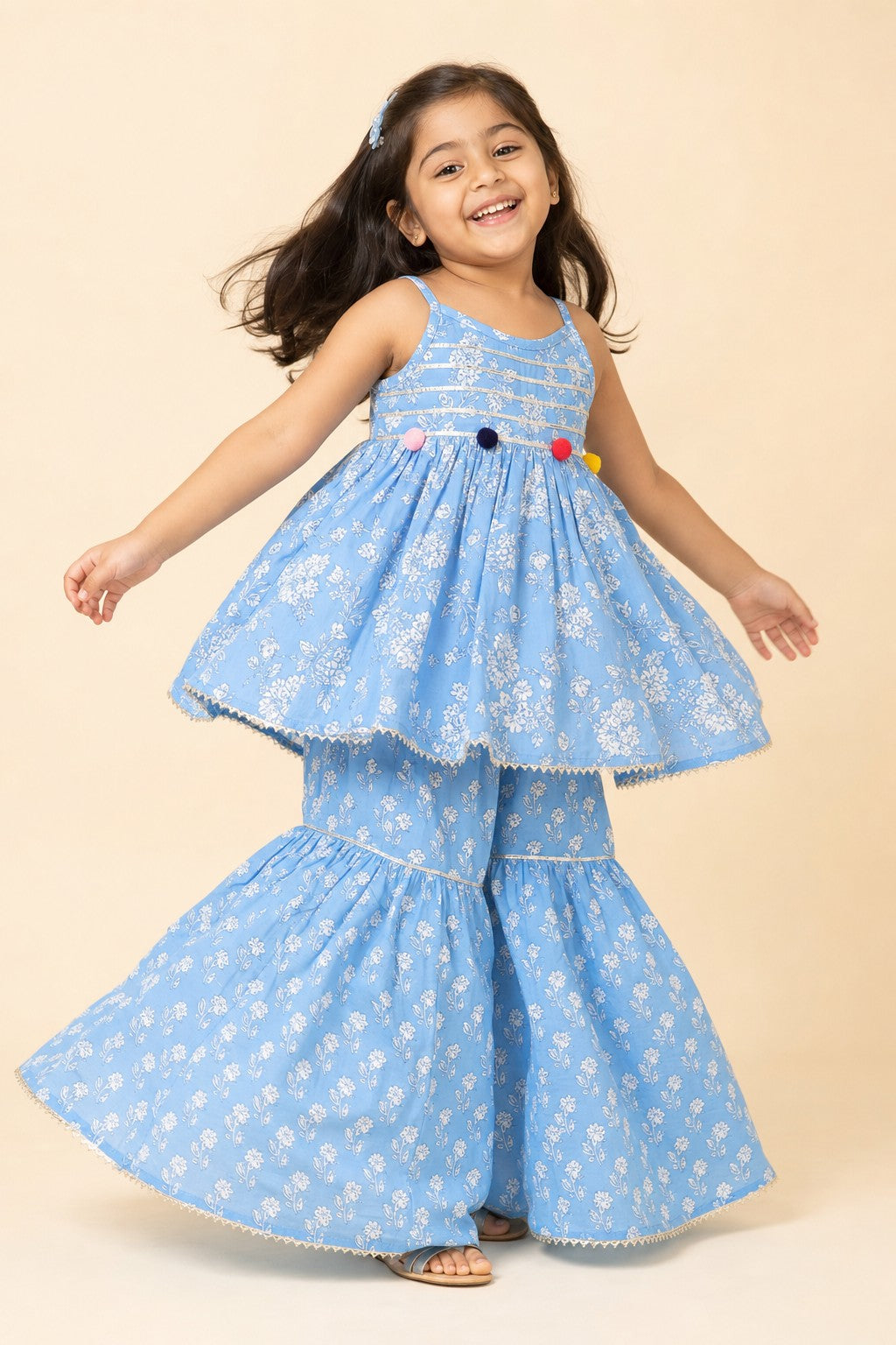 Girls Floral Print Kurti Sharara Set Blue - twirl lifestyle shot
