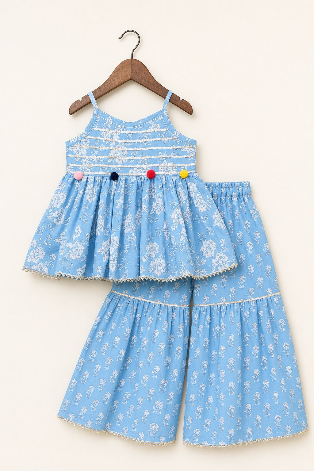 Girls Floral Print Kurti Sharara Set Blue - hanger flat product shot