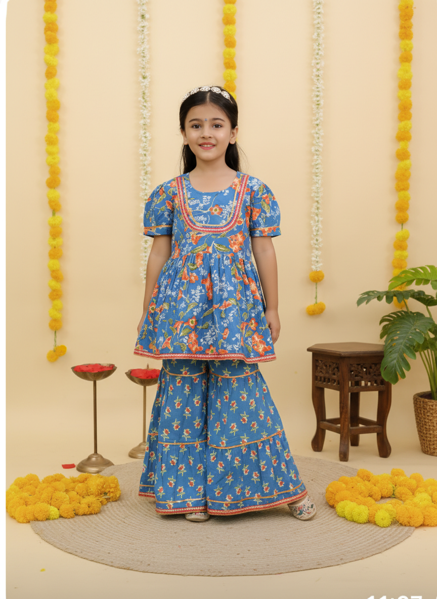 Girls Floral Peplum Sharara Set Blue - front view