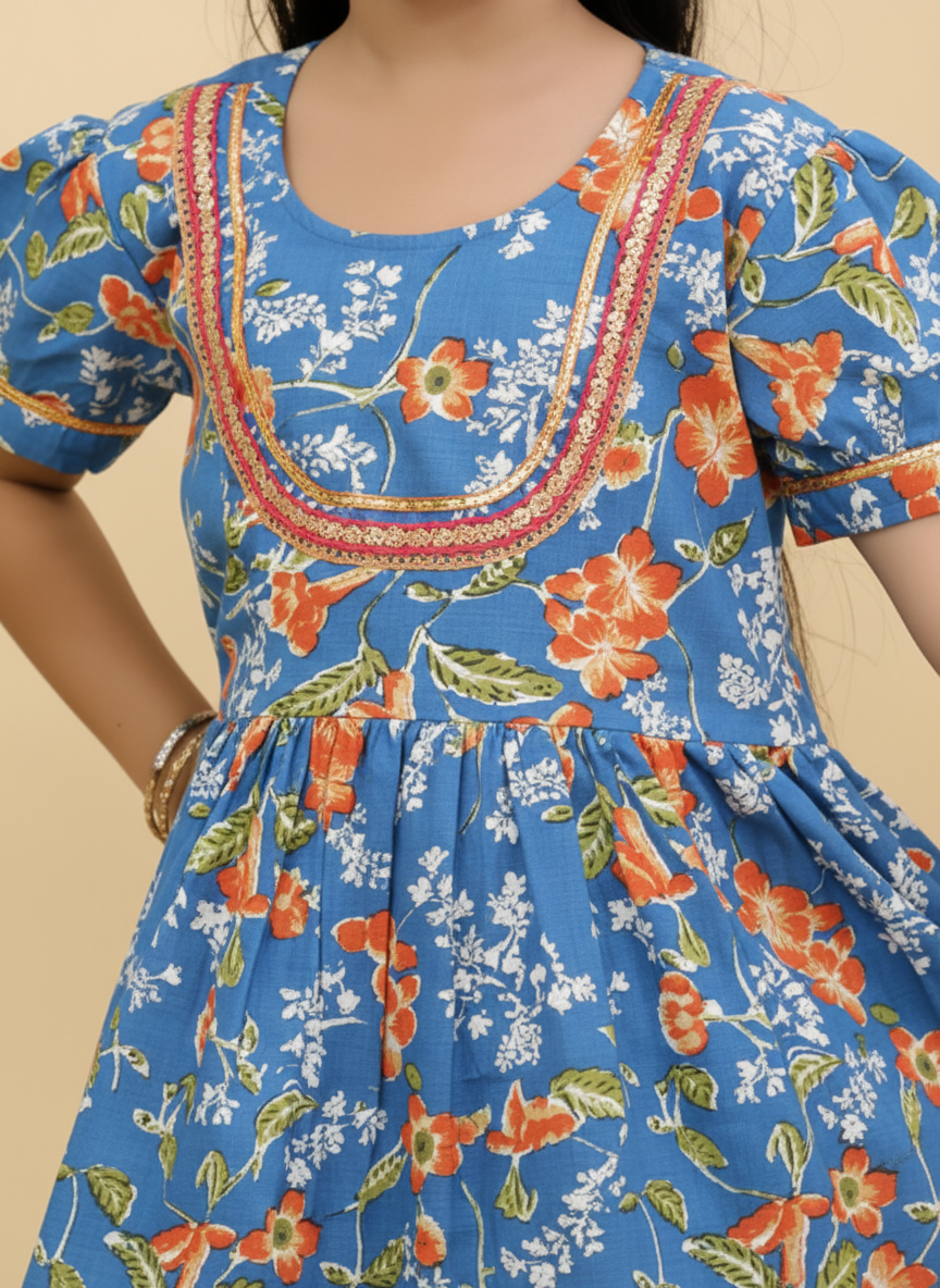 Girls Floral Peplum Sharara Set Blue - close-up detail of peplum top