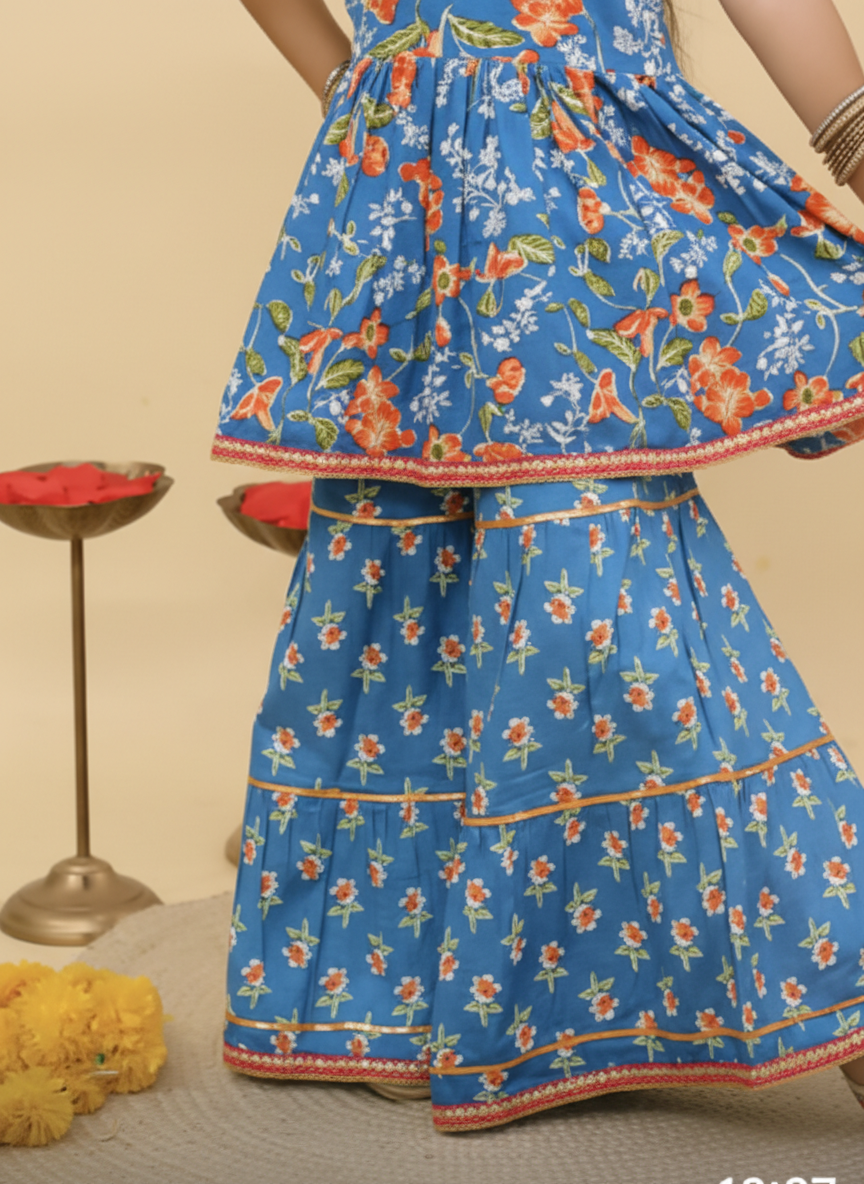 Girls Floral Peplum Sharara Set Blue - close-up detail of sharara and lace border