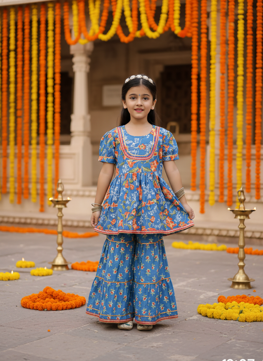 Girls Floral Peplum Sharara Set Blue - festive lifestyle shot
