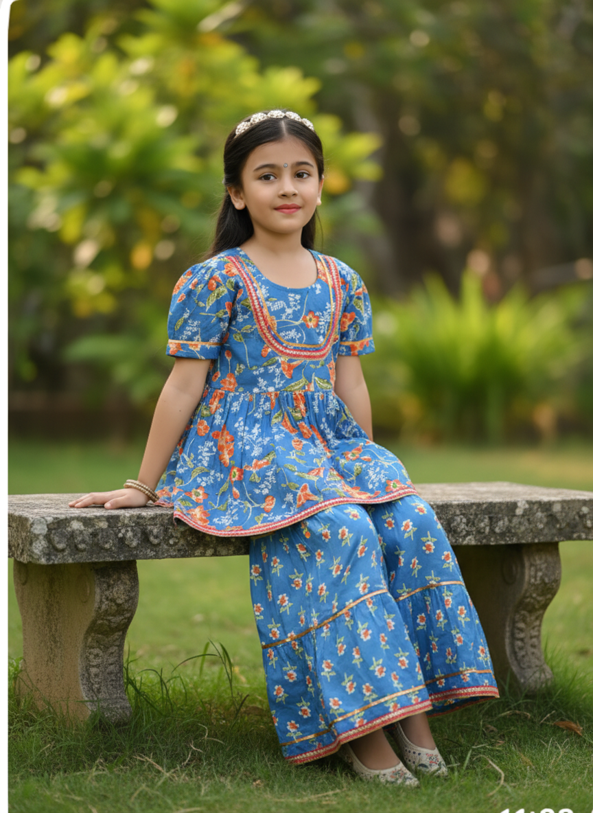 Girls Floral Peplum Sharara Set Blue - lifestyle outdoor shot