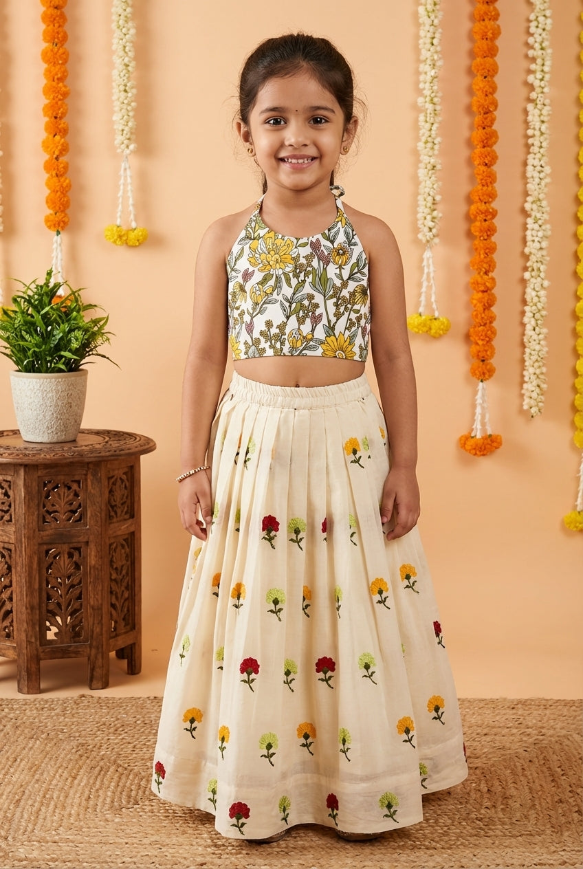 Floral Printed Crop Top Lehenga Set Cream