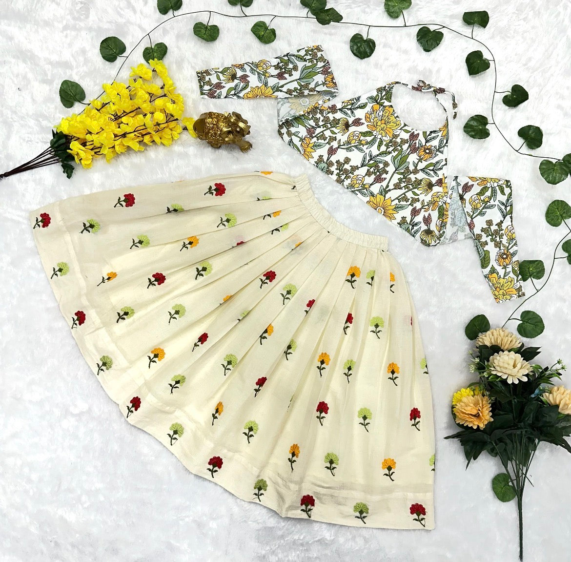 Girls Floral Printed Crop Top Lehenga Set Cream - full set flat lay