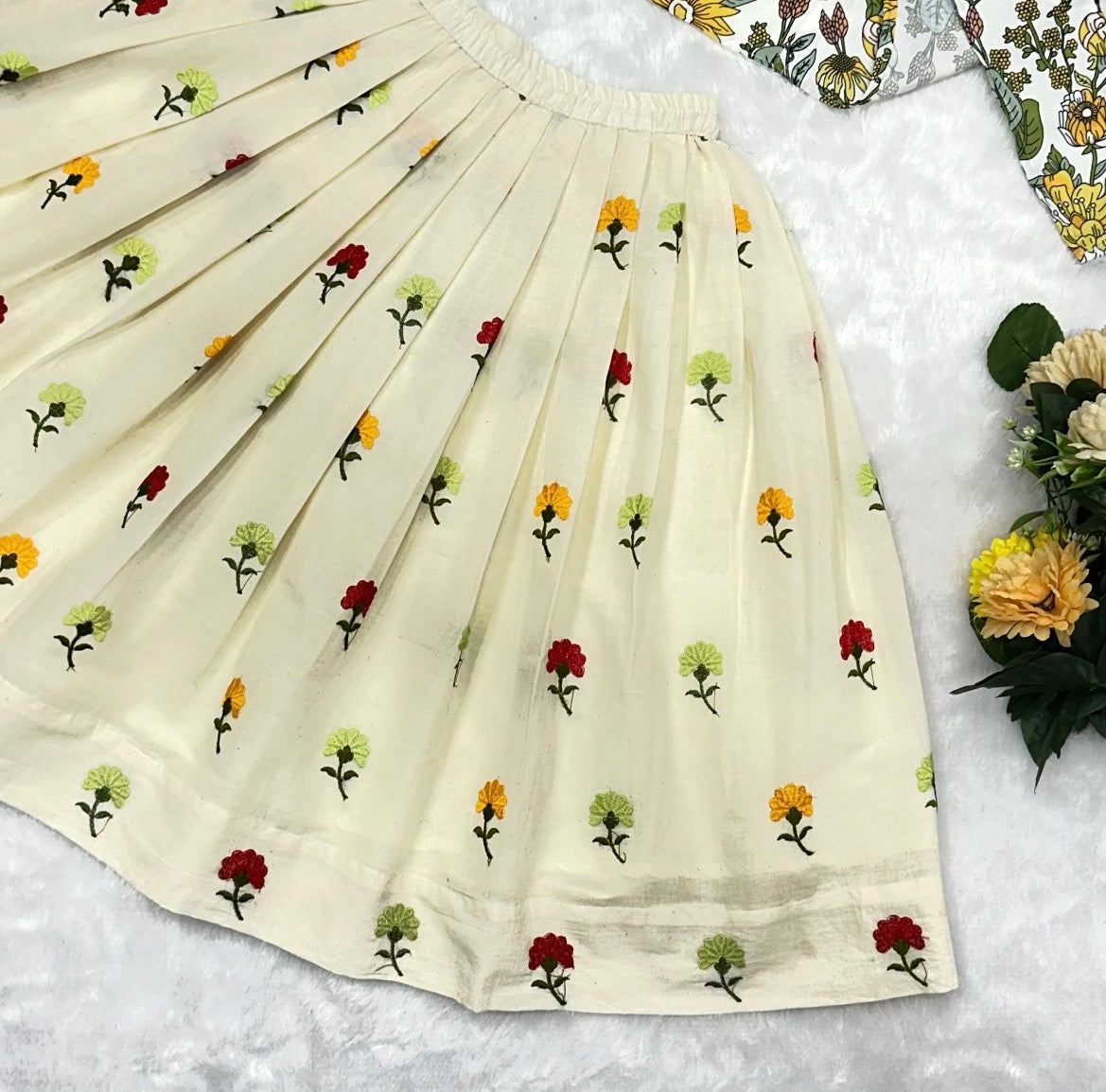 Girls Floral Printed Crop Top Lehenga Set Cream - close-up detail of skirt
