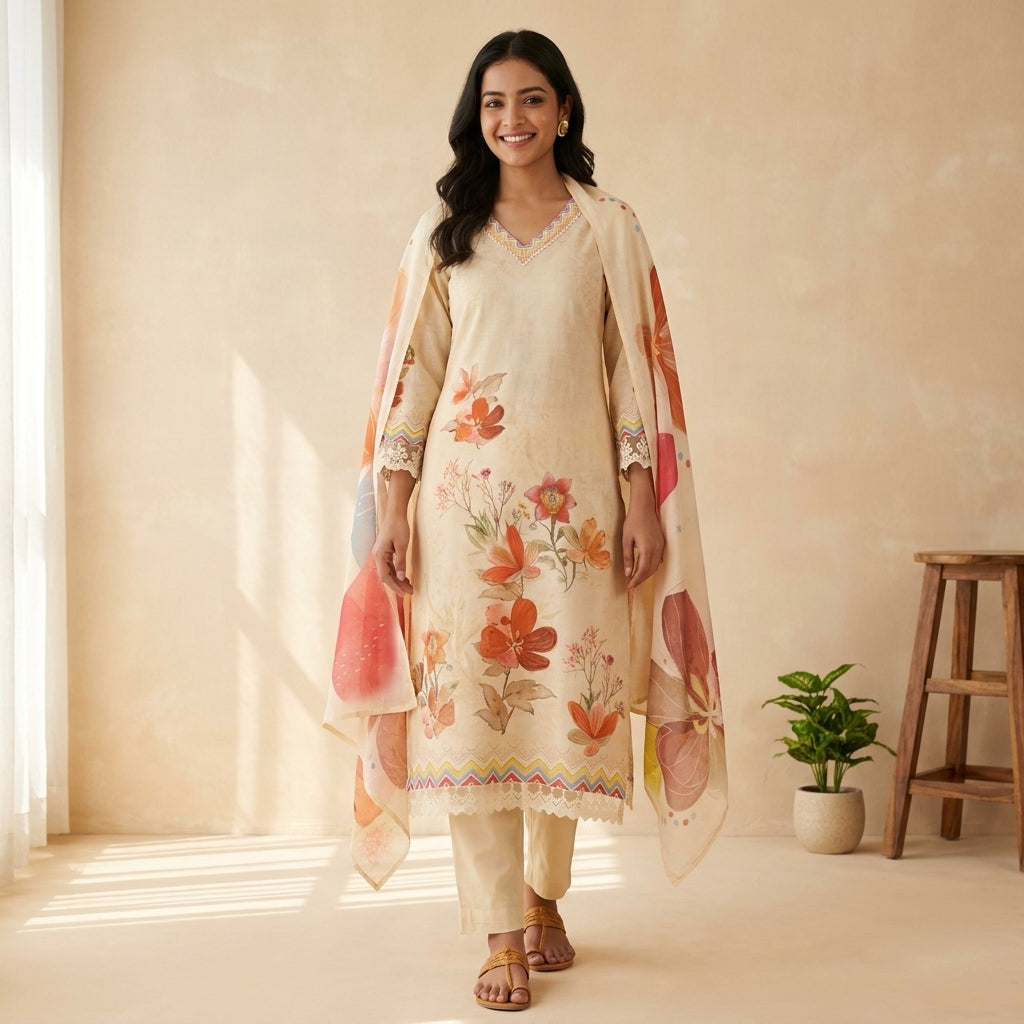 Cream Floral Print Kurti Dupatta Set
