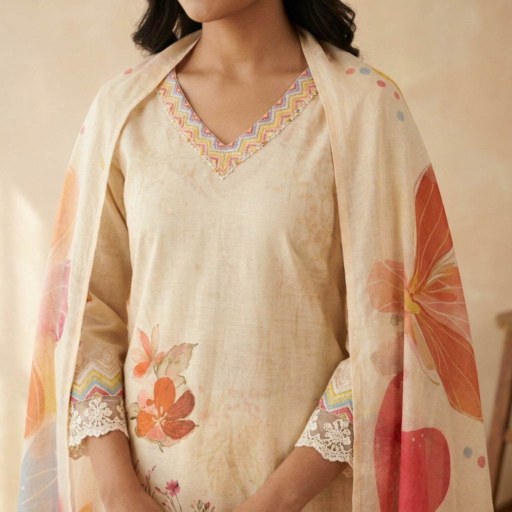 Cream Floral Print Kurti Dupatta Set