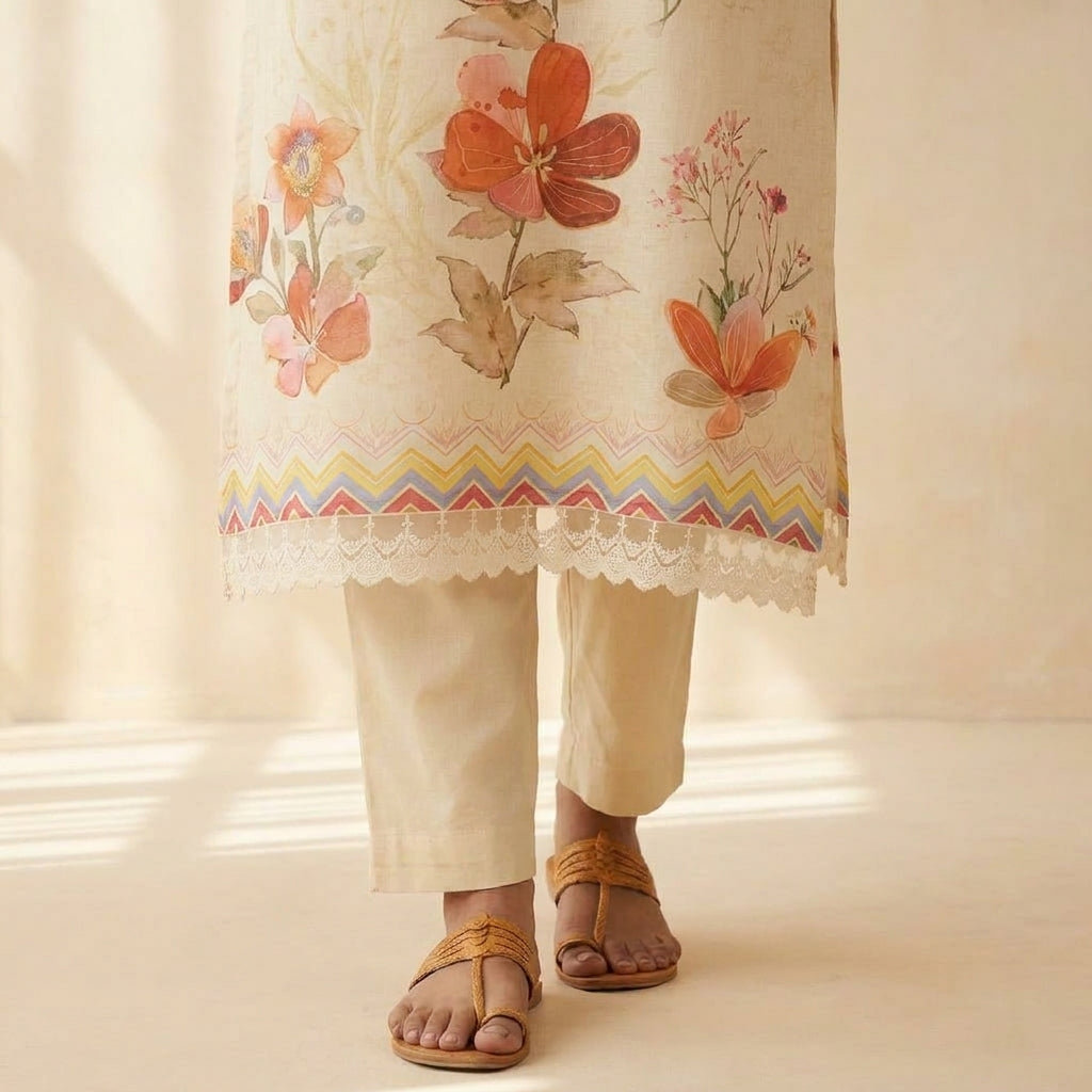 Cream Floral Print Kurti Dupatta Set