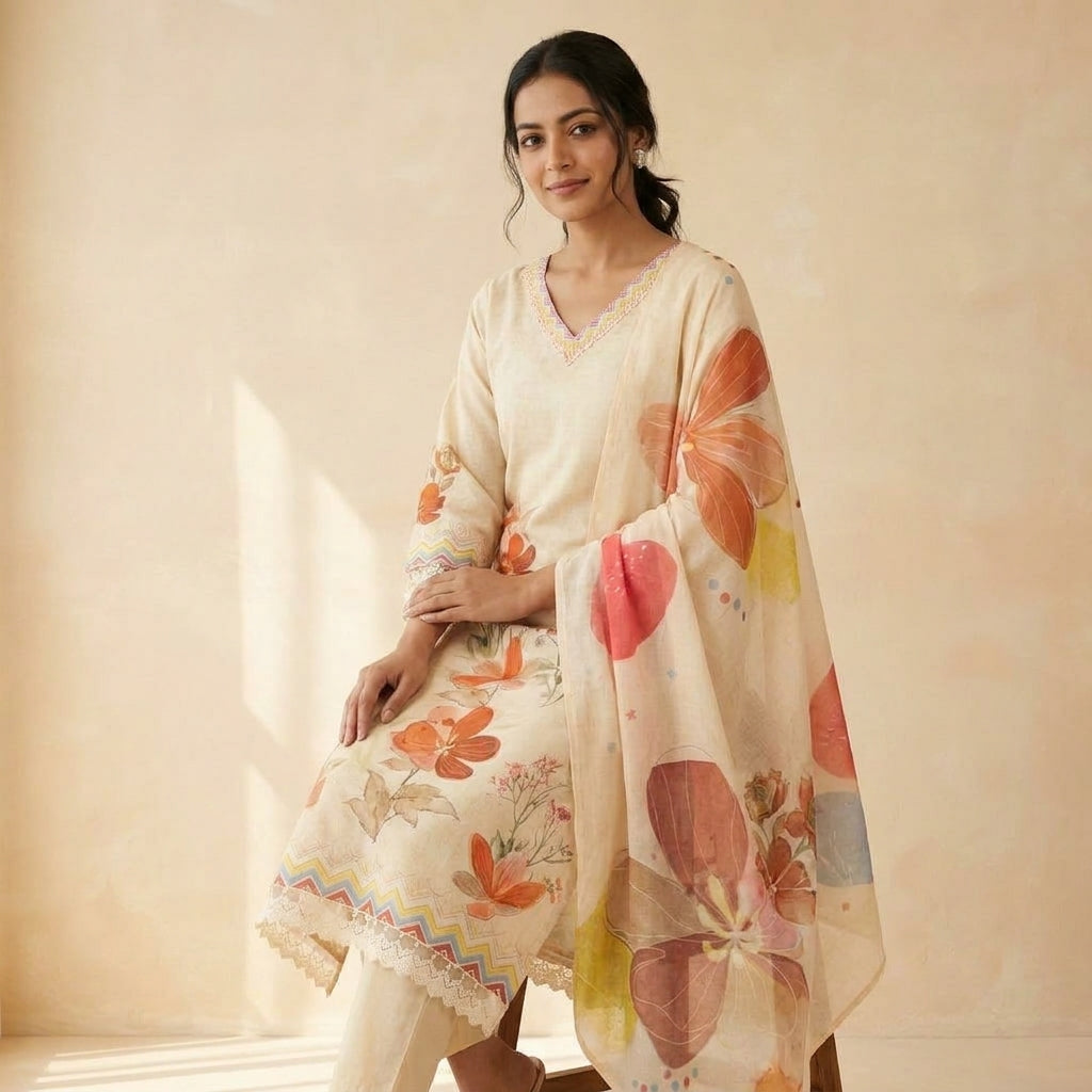 Cream Floral Print Kurti Dupatta Set