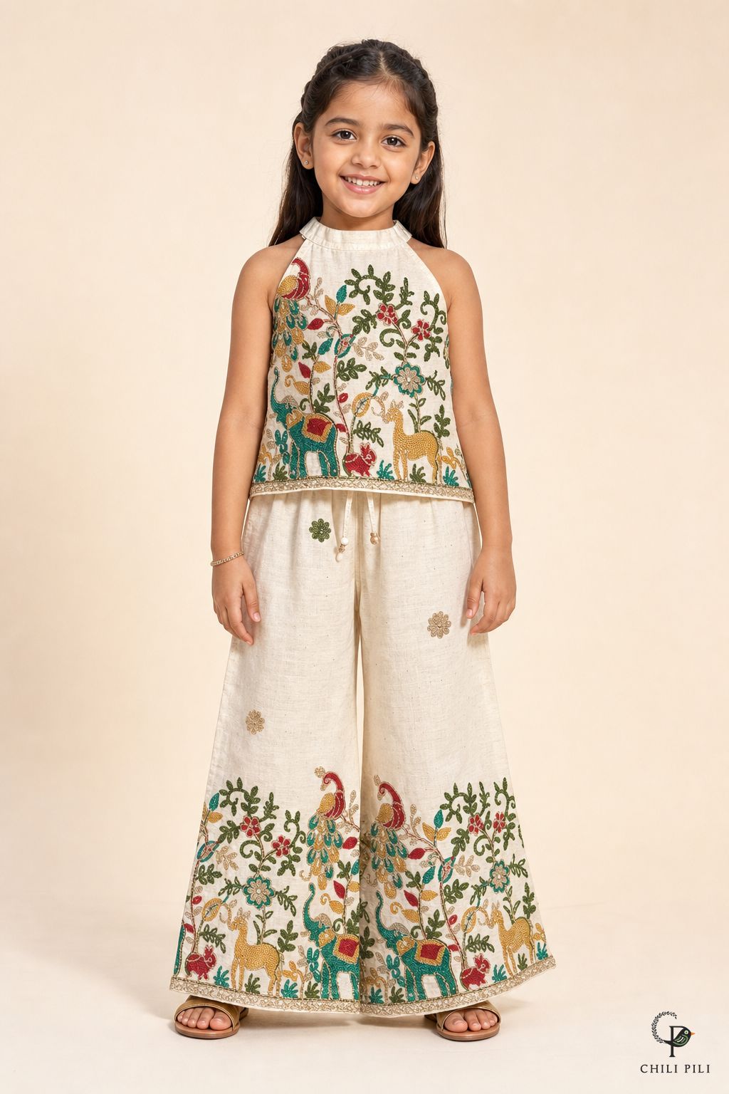 Girls Menagerie Embroidered Halter Co-ord Set Cream - front view