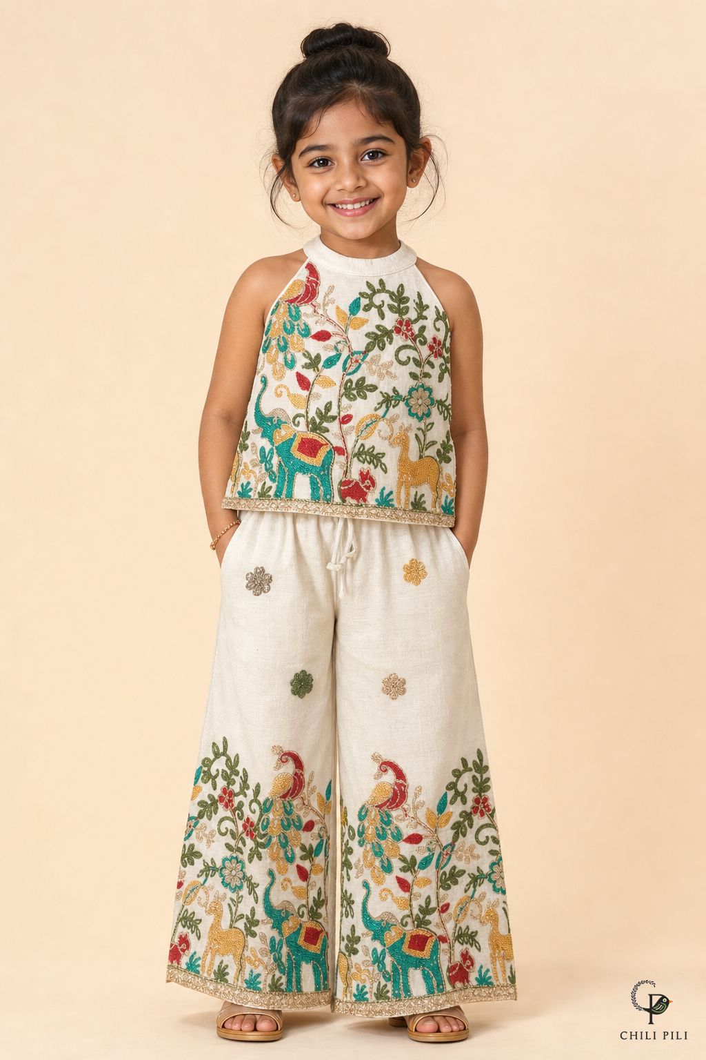 Girls Menagerie Embroidered Halter Co-ord Set Cream - close-up detail of top