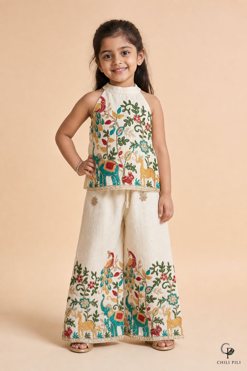 Girls Menagerie Embroidered Halter Co-ord Set Cream - close-up detail of bottom