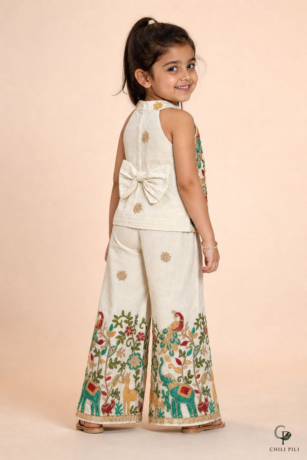 Girls Menagerie Embroidered Halter Co-ord Set Cream - back view with bow detail