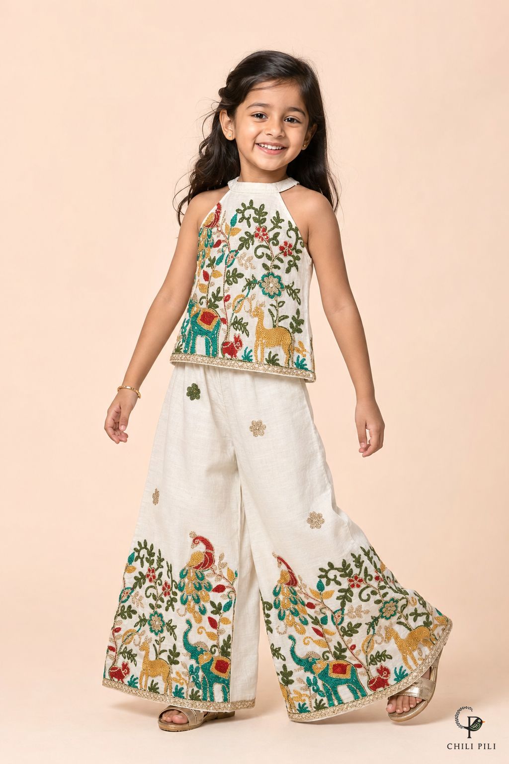 Girls Menagerie Embroidered Halter Co-ord Set Cream - lifestyle movement shot