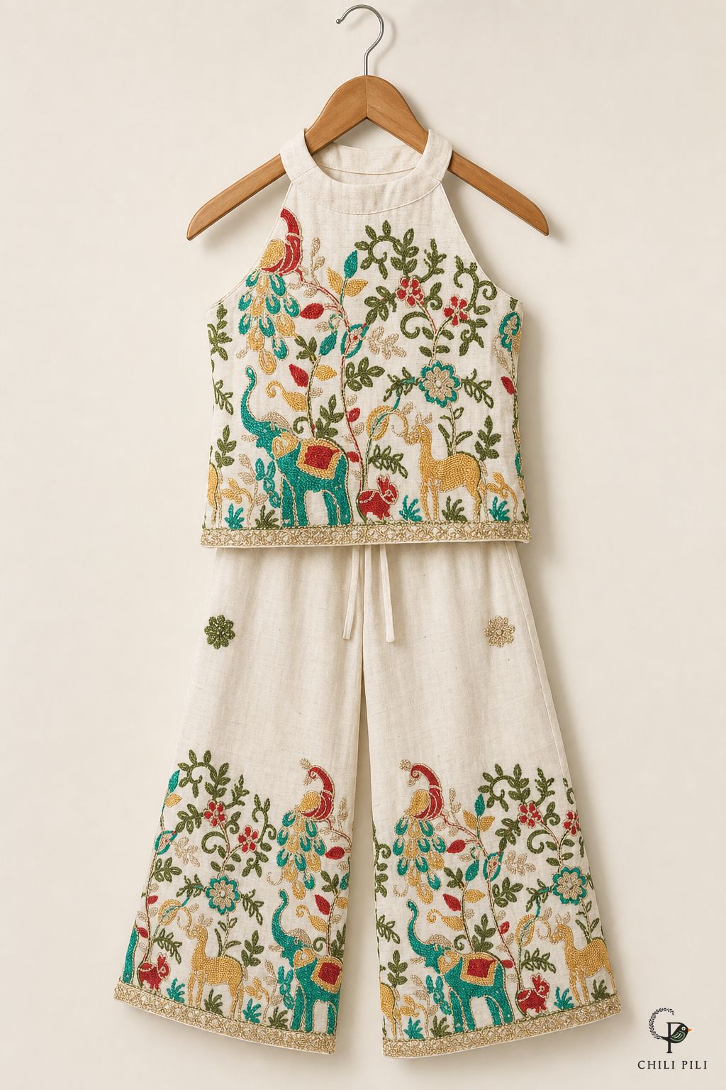 Girls Menagerie Embroidered Halter Co-ord Set Cream - full set on hanger